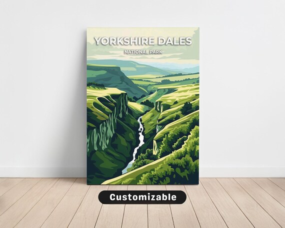 Yorkshire Dales National Park Travel Poster Green Valley Falls Wall Decor