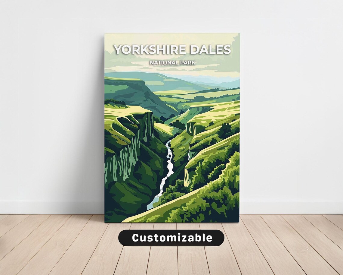 Yorkshire Dales National Park Travel Poster Green Valley Falls Wall Decor