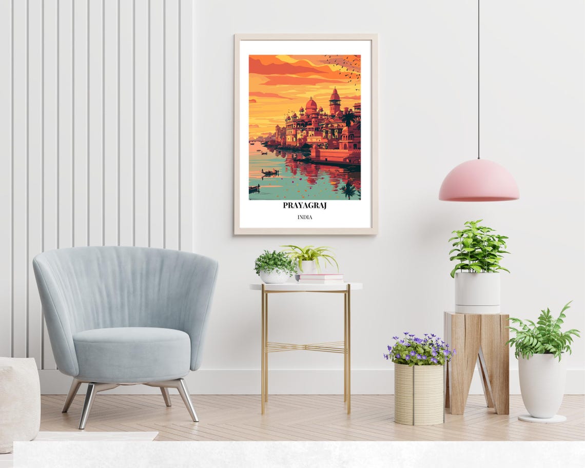 Prayagraj Sunset Riverfront Temple Ghat Boats India Travel Poster - Image 2