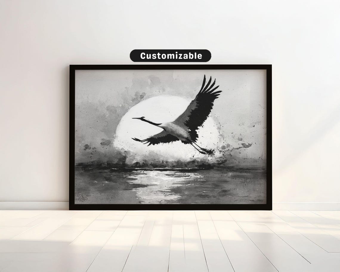 Crane in Flight Over Full Moon Water Japanese Ink Painting Poster