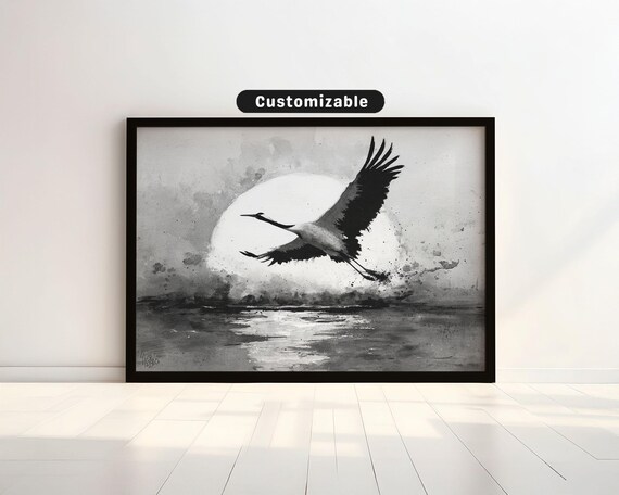 Crane in Flight Over Full Moon Water Japanese Ink Painting Poster