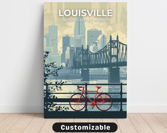 City Louisville Bridge Red Bicycle Skyline Vintage Travel Poster