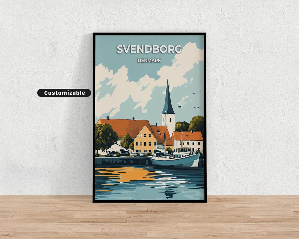 Svendborg Denmark Harbor Church Scandi Vintage Travel Poster