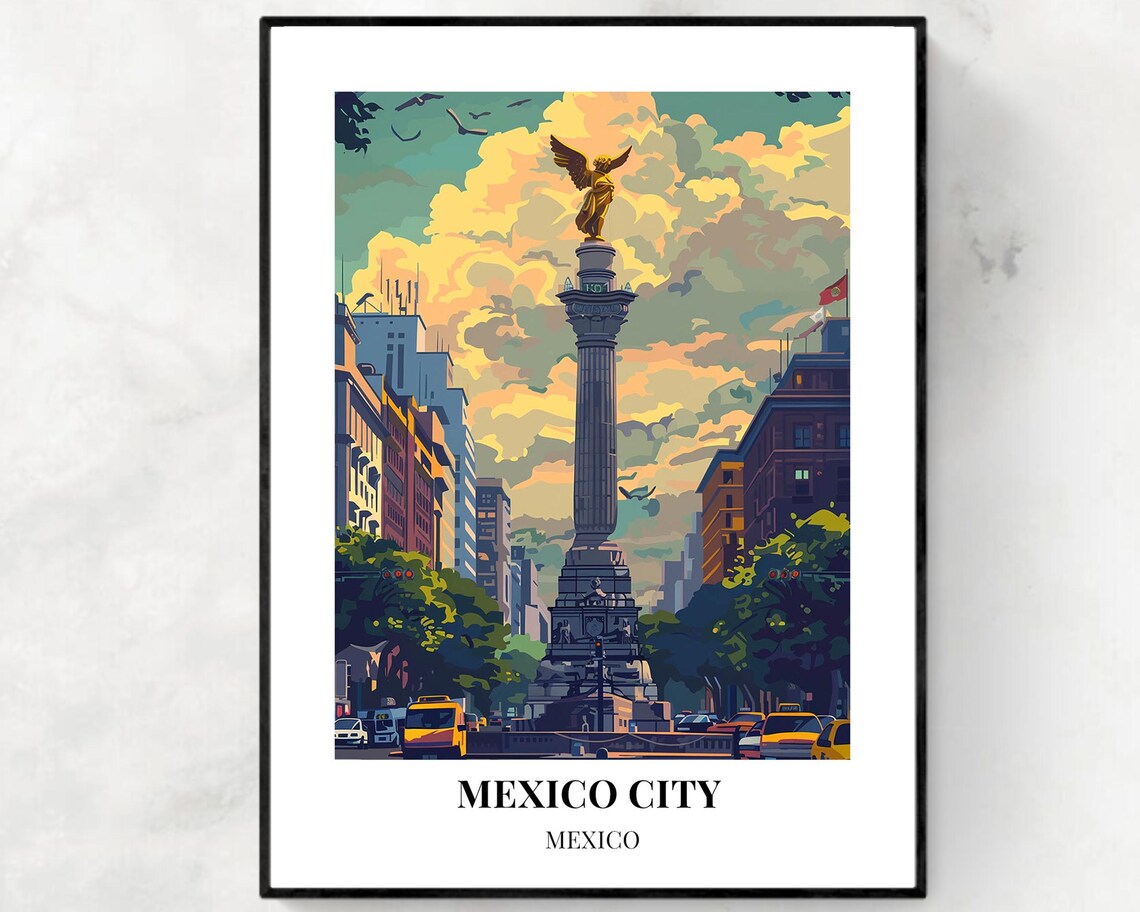 Mexico City Angel Of Independence Sunset Skyline Travel Poster