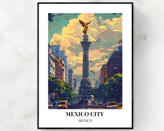 Mexico City Angel Of Independence Sunset Skyline Travel Poster