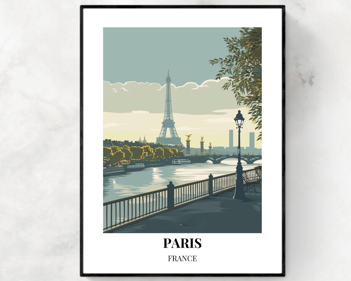 Paris France Eiffel Tower Seine River View Evening Travel Poster