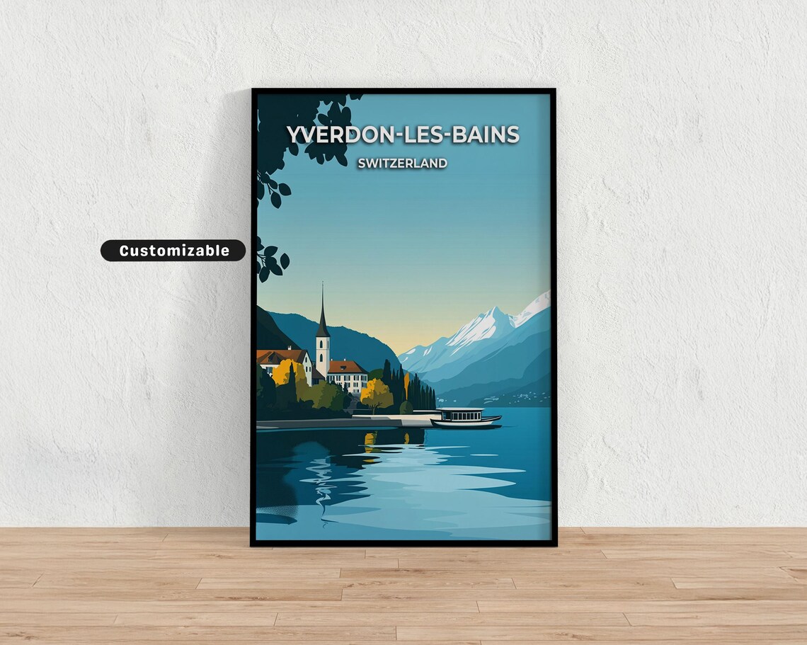 Yverdon les Bains Switzerland Dusk Lake Mountains Travel Poster