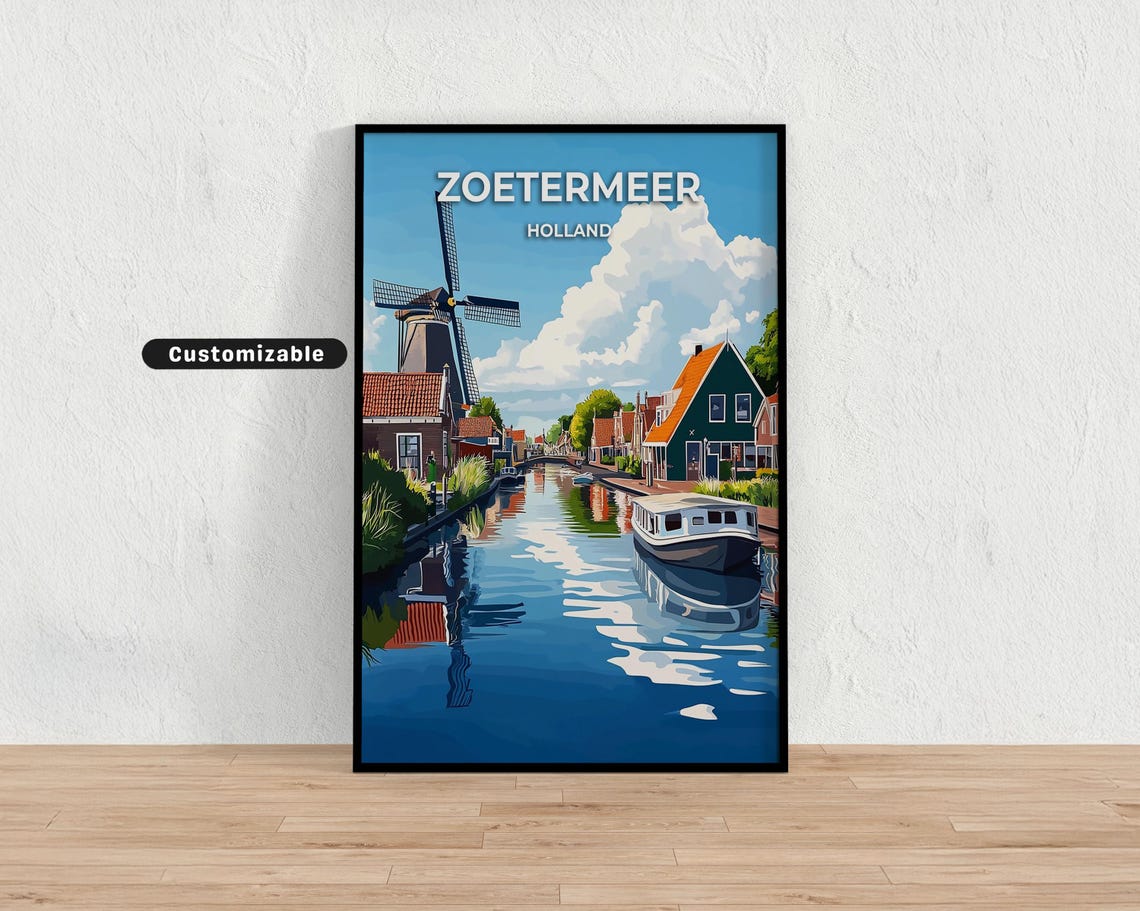 Zoetermeer Holland Windmill Canal Boat Bold Vintage Travel Poster