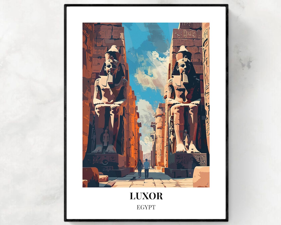 Luxor Egypt Colossal Statues Temple Vintage Travel Poster Art