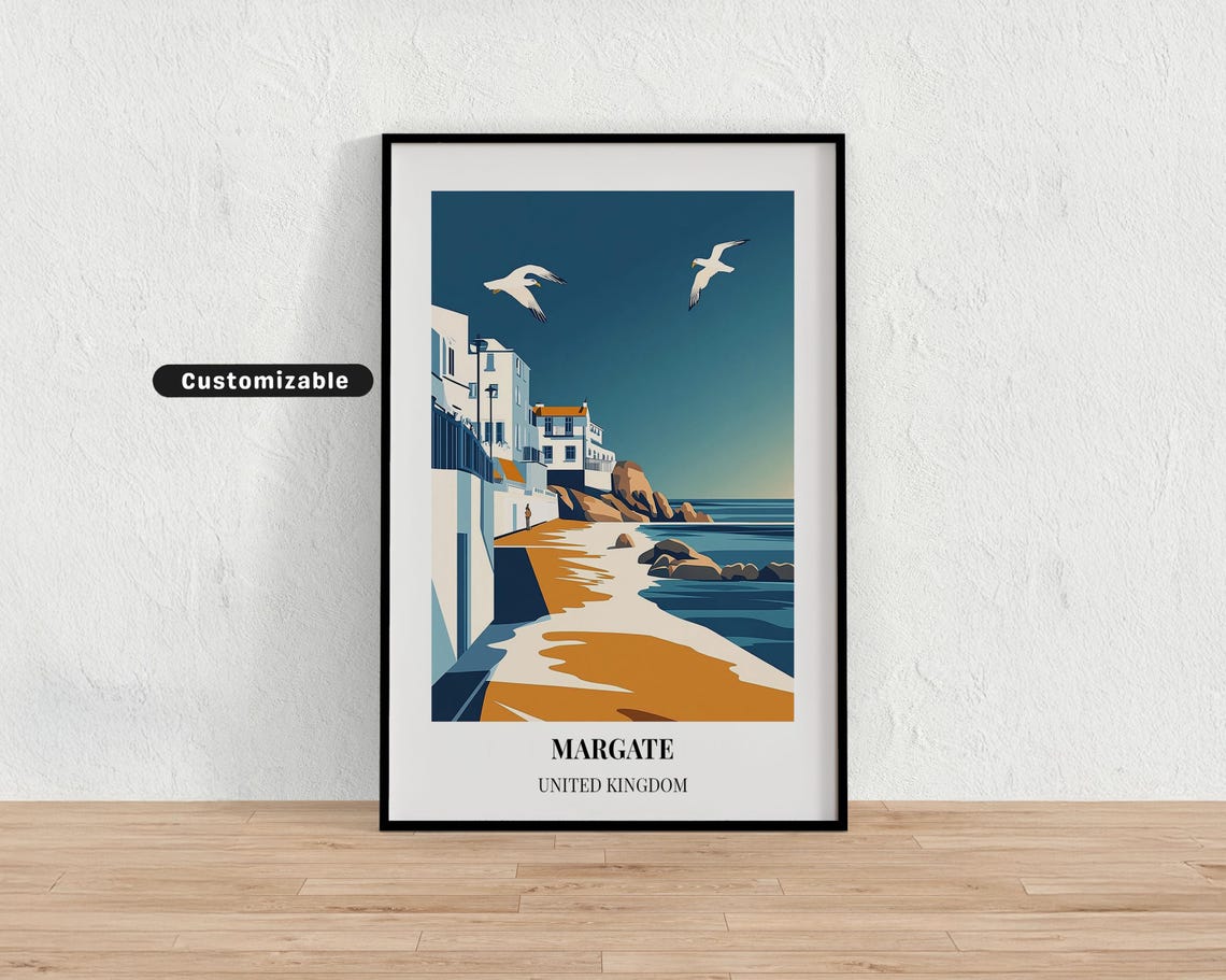 Margate United Kingdom Seafront White Buildings Gulls Travel Poster