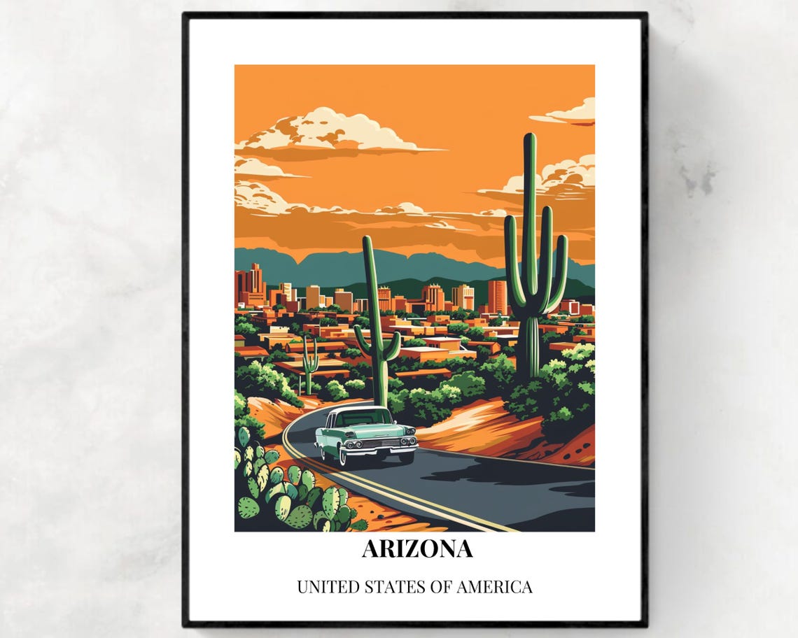 Arizona Desert Road Saguaro Cacti Vintage Car Poster Caption