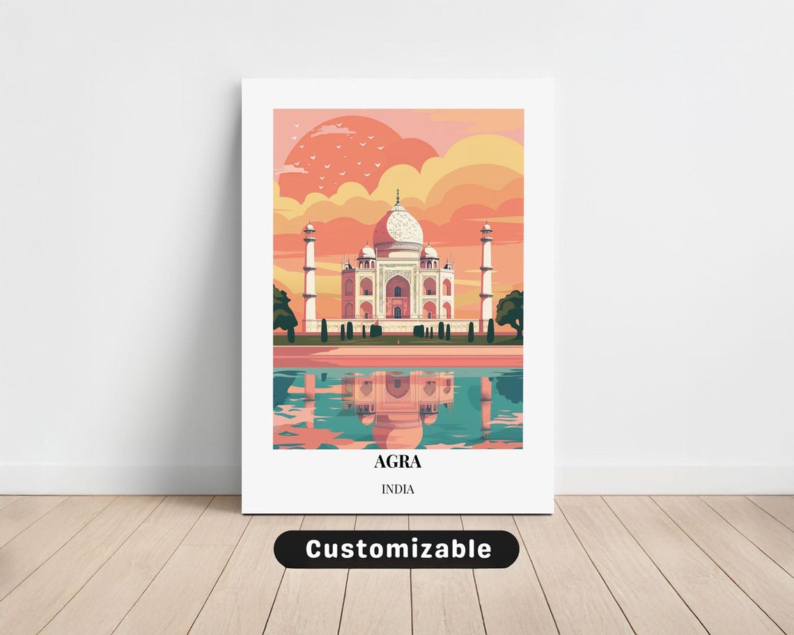 Agra Taj Mahal Sunset Reflection Orange Sky India Travel Poster