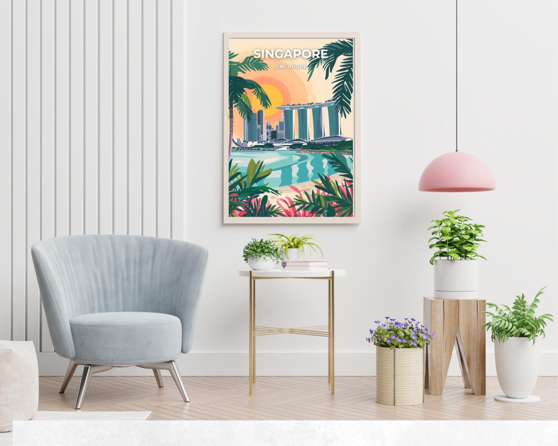 Singapore Marina Bay Sands Sunset Travel Poster with Palm Trees - Image 2