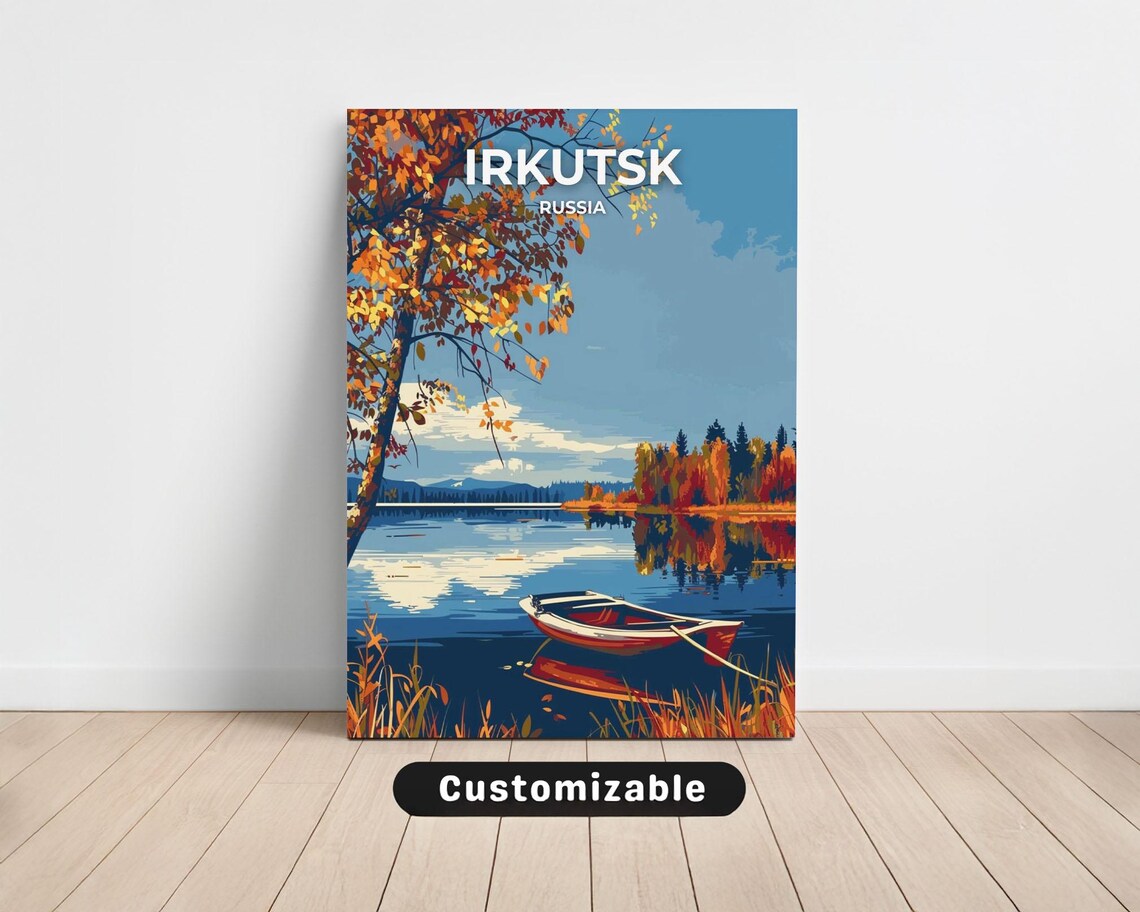 Irkutsk Russia Autumn Lakeside Rowboat Scenic Vintage Travel Poster