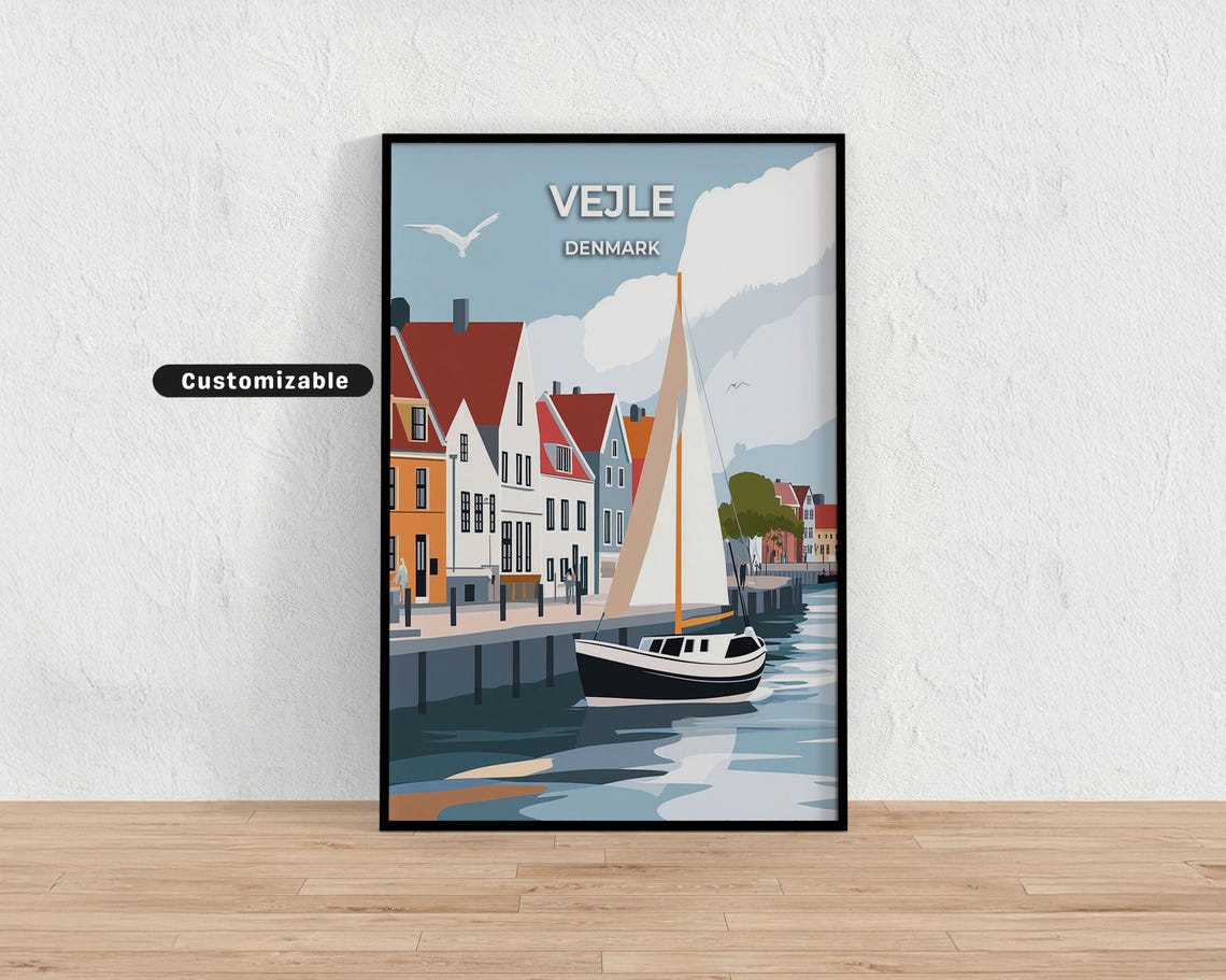 Vejle Denmark Harbor Sailboat Waterfront Houses Art Travel Poster