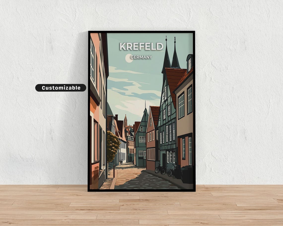 Krefeld Germany Cobblestone Old Town Churches Vintage Travel Poster