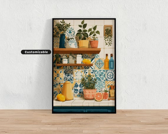 Whimsical Kitchen With Tiles Citrus Quirky Colorful Art Print Mediterranean Wall Decor