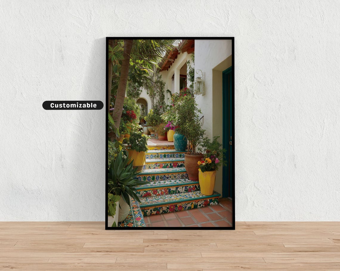 Colorful Tiled Stairs Flower Pots Mediterranean Villa Courtyard Poster