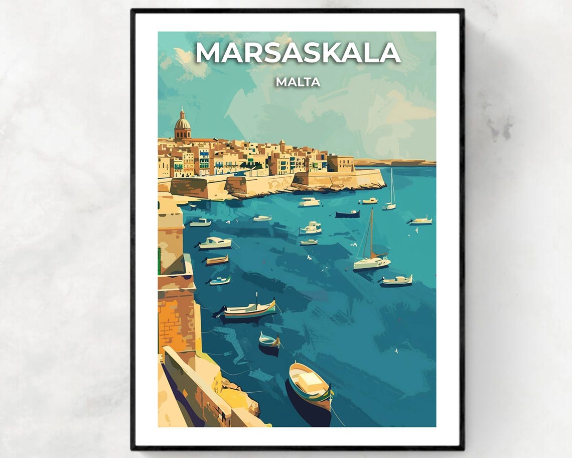 Marsaskala Malta Harbor Fishing Boats Bay Vintage Travel Poster
