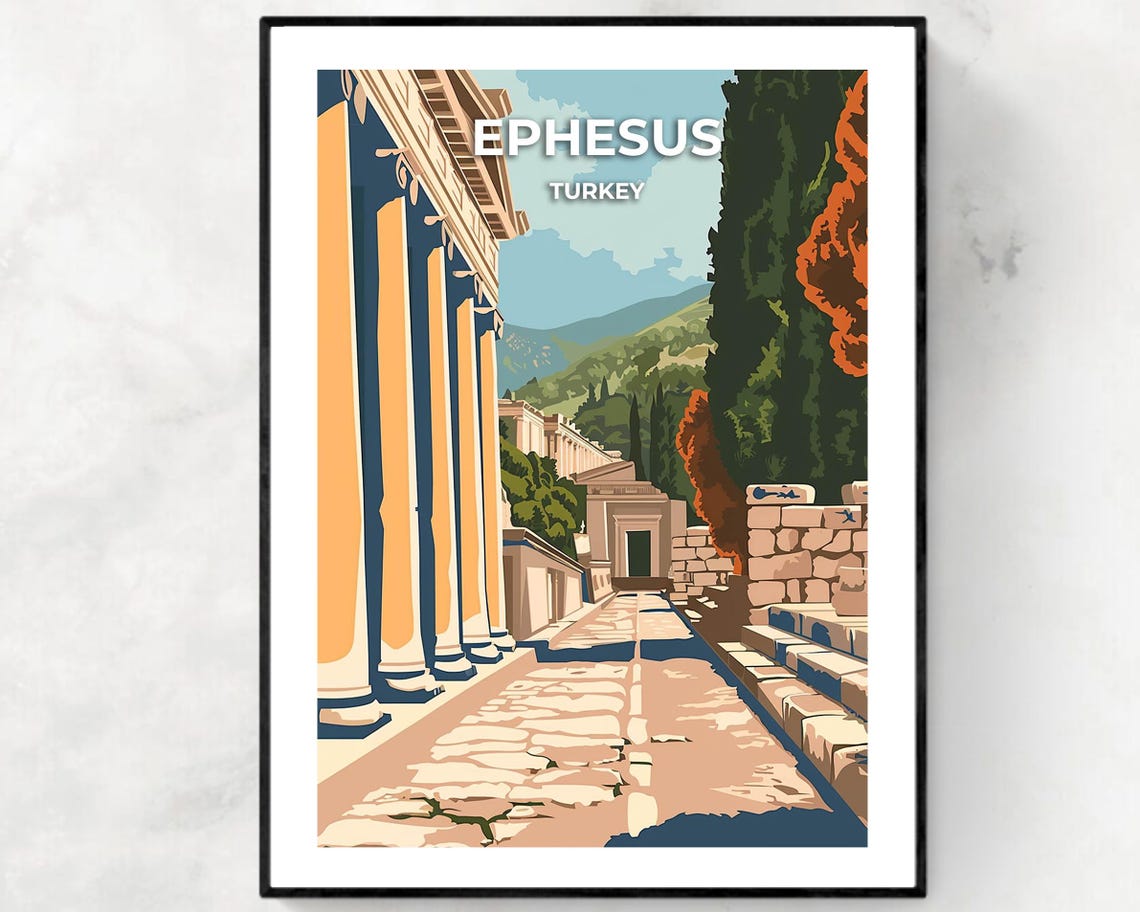 Ephesus Turkey Ancient Ruins Columns and Marble Street Travel Poster