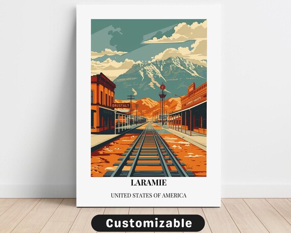 Laramie Railroad Main Street Western Mountains Retro Travel Poster