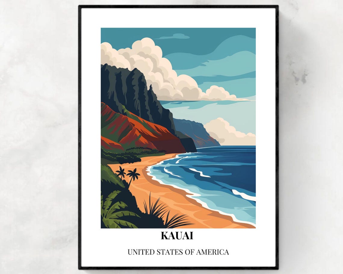 Kauai Hawaii Golden Beach Towering Red Volcanic Cliffs Sunset Poster