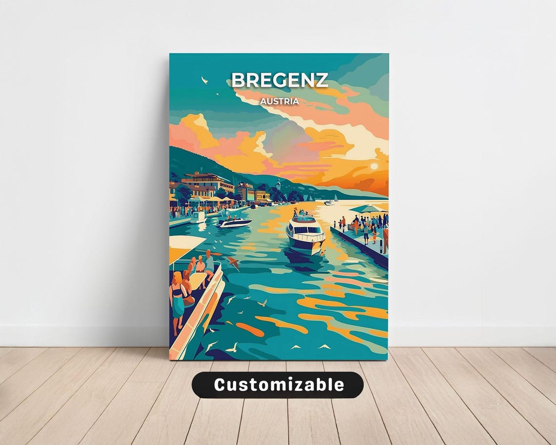 Bregenz Austria Colorful Lakeside Harbor Sunset Scene Travel Poster
