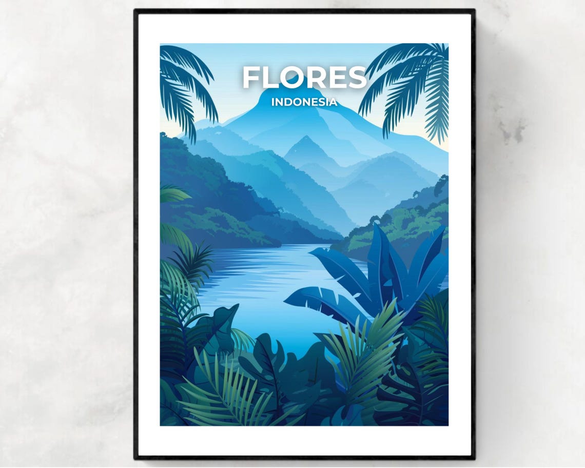 Flores Indonesia Blue Mountain Lake Poster with Jungle Palm Fronds