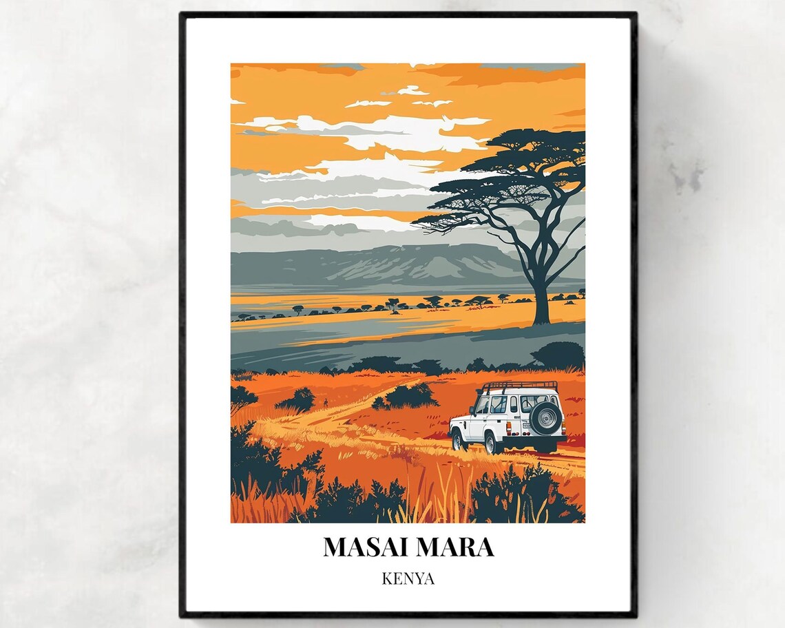 Masai Mara Kenya Safari Sunset Acacia Savanna Travel Poster Artwork