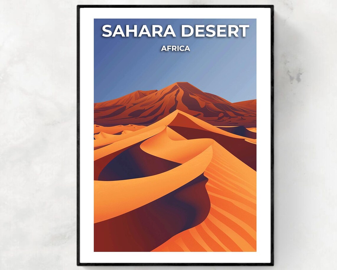 Sahara Desert Africa Orange Dunes Mountain Sculpted Sand Travel Poster