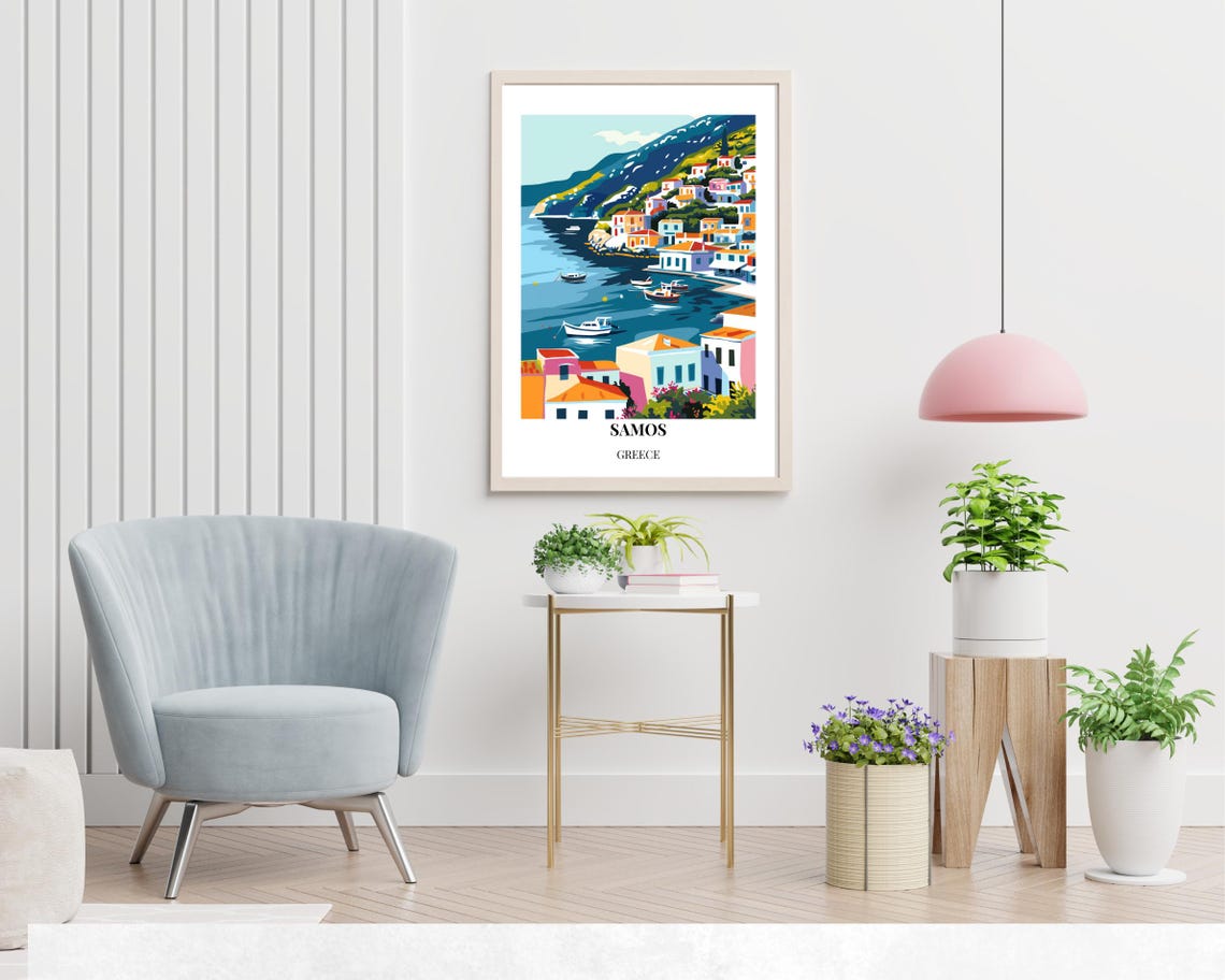 Samos Greece Harbor Village Pastel Houses Travel Poster Artwork - Image 2