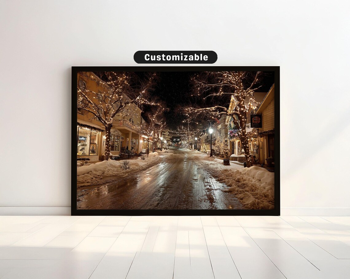 Snowy Village Street Night Holiday Lights Winter Wonderland Poster