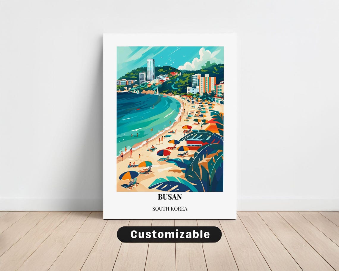 Busan South Korea Beach Umbrellas City Skyline Travel Poster