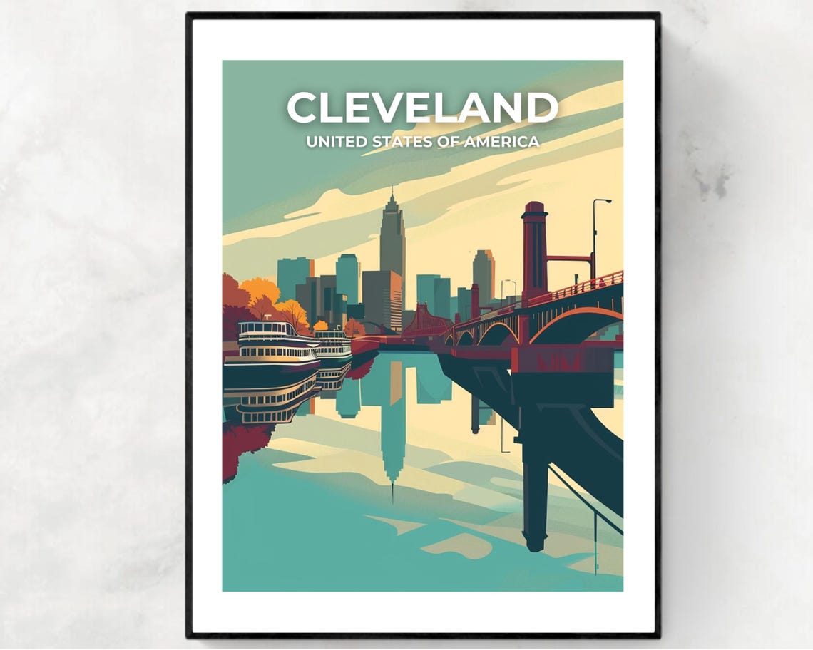 Cleveland USA Skyline River Reflection Ferry Bridge Travel Print