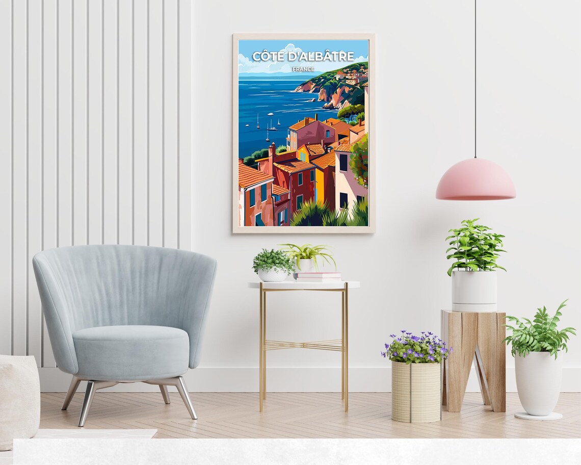 Cote d'Albatre France Cliffside Village Poster with Boats on the Bay - Image 2
