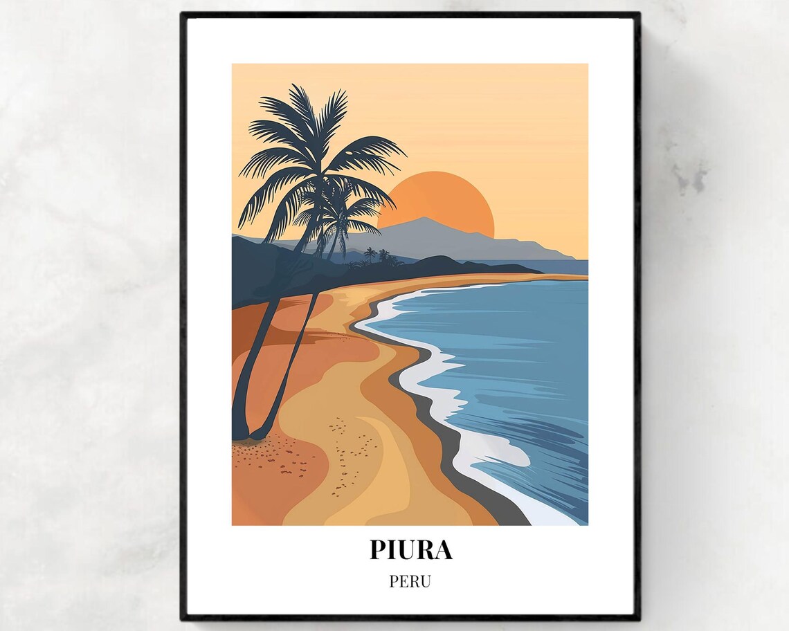 Piura Peru Golden Beach Sunset Palm Silhouette Travel Poster