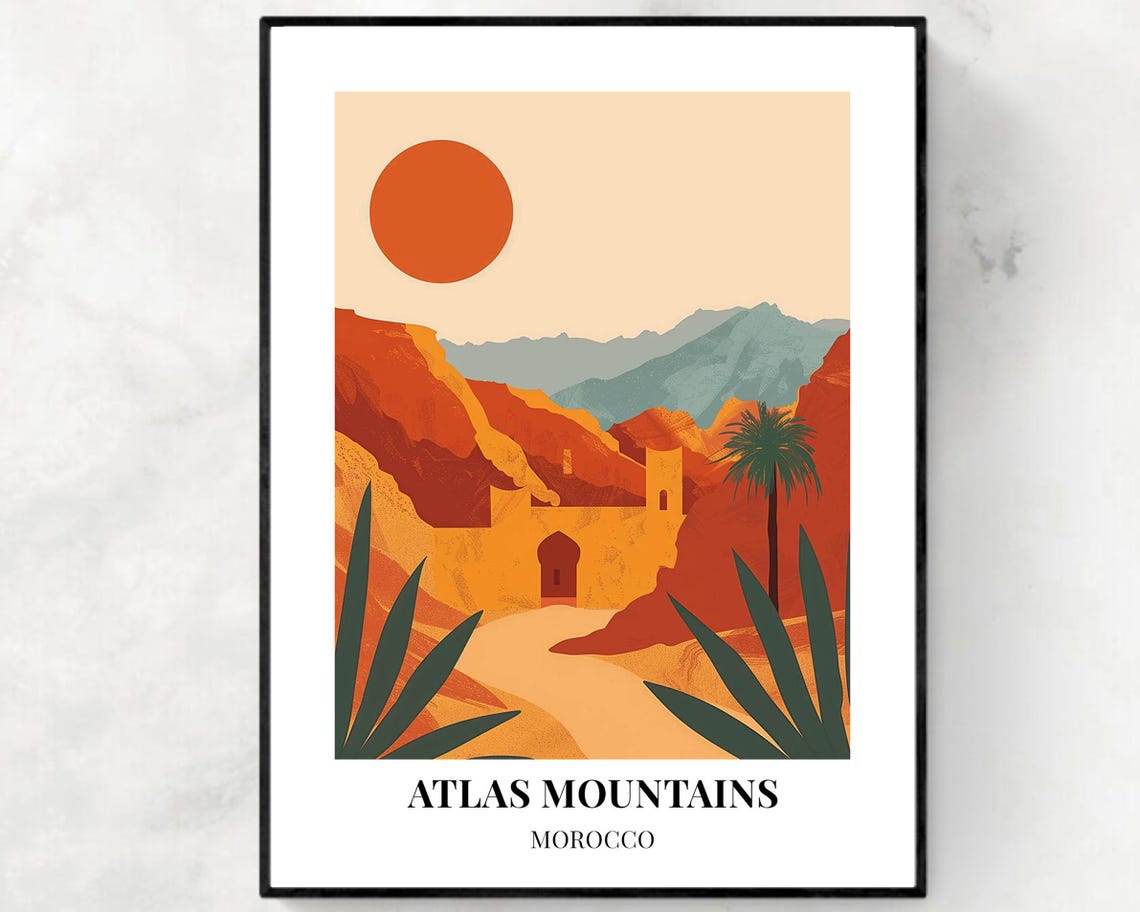 Atlas Mountains Morocco Big Red Sun Desert Gorge Travel Poster
