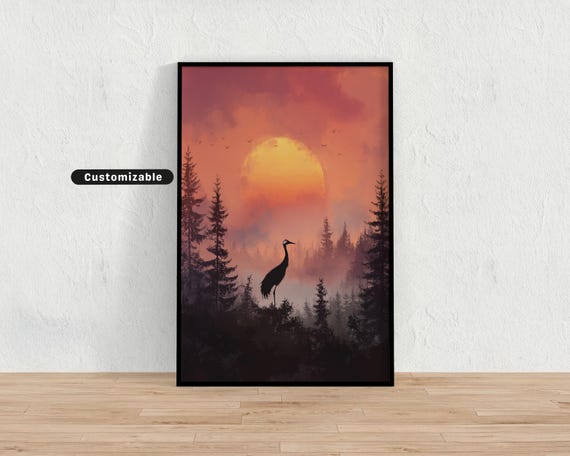 Soft Sunset Over Pine Forest With Crane Silhouette Japanese Wall Art Print Zen Asian Decor