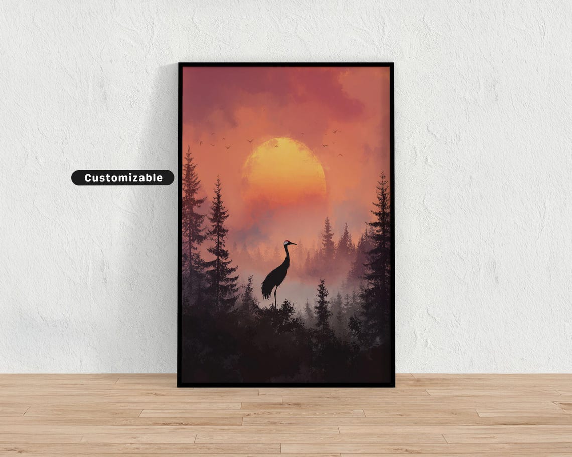 Soft Sunset Over Pine Forest With Crane Silhouette Japanese Wall Art Print Zen Asian Decor