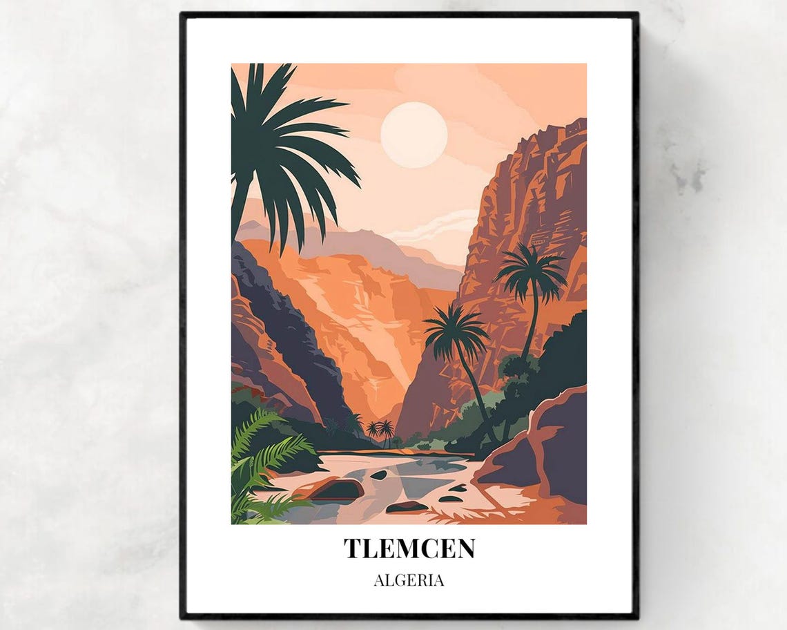 Tlemcen Algeria Sunset Canyon Palms River Oasis Travel Poster