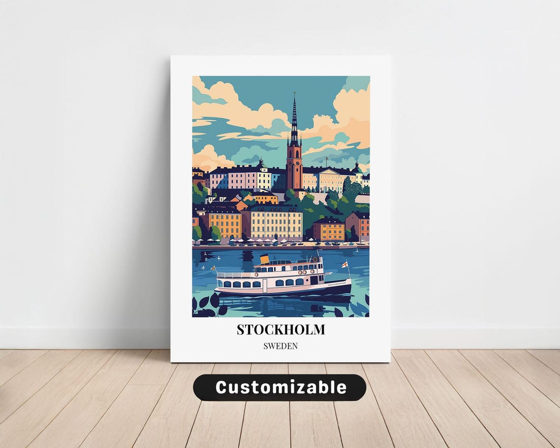 Stockholm Sweden Daytime Harbor Travel Poster Steamboat Spire Scene