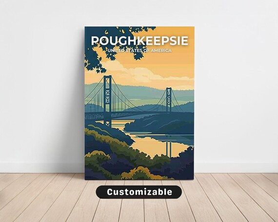 Poughkeepsie New York Bridge Sunset Vintage Travel Scene Art Poster