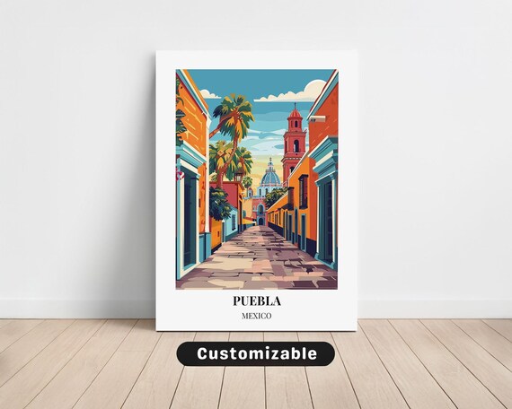 Puebla Mexico Colonial Street Church Dome Vintage Travel Poster