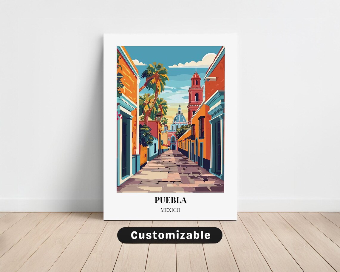 Puebla Mexico Colonial Street Church Dome Vintage Travel Poster