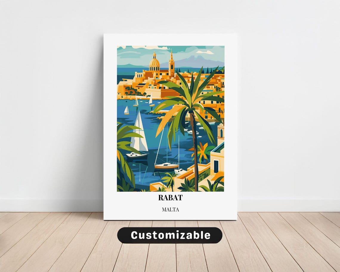 Rabat Malta Harbor Sailboats Palms Mediterranean Travel Poster