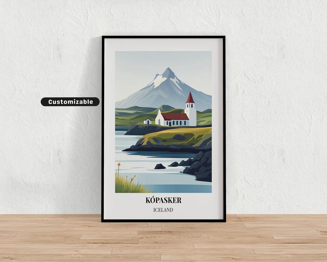Kopasker Iceland Church Coastal Mountain Scenic Travel Poster