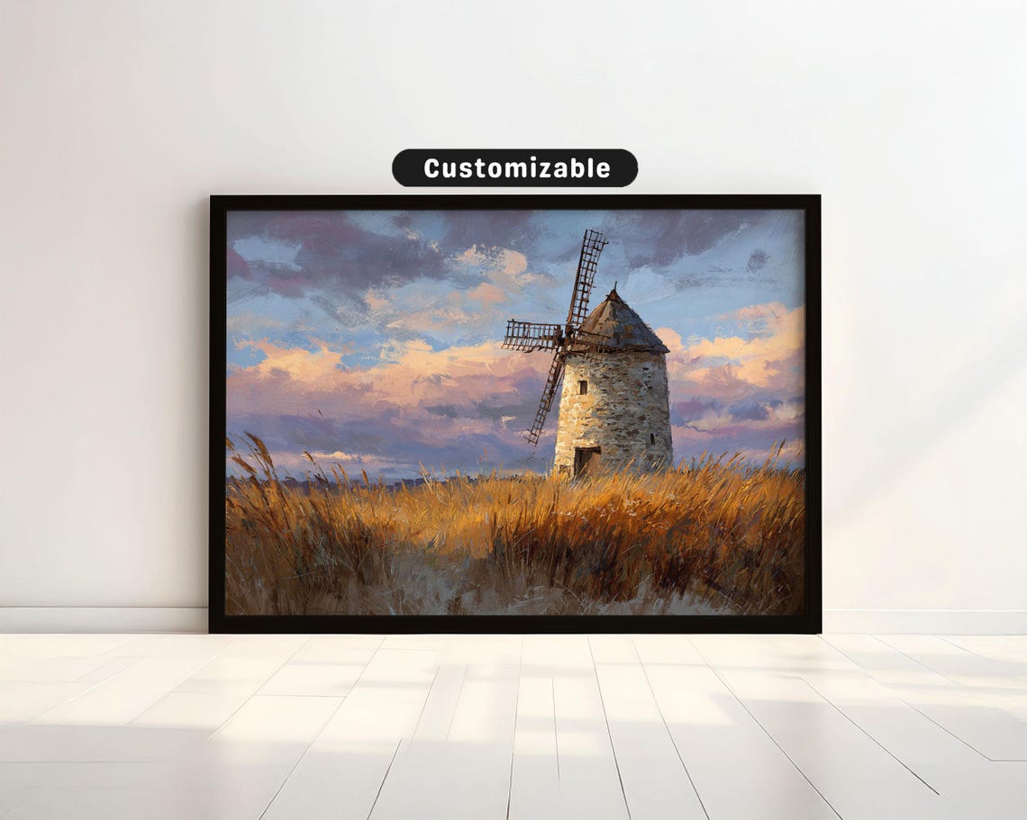 Old Stone Windmill Golden Wheat Field Sunset Painting Poster
