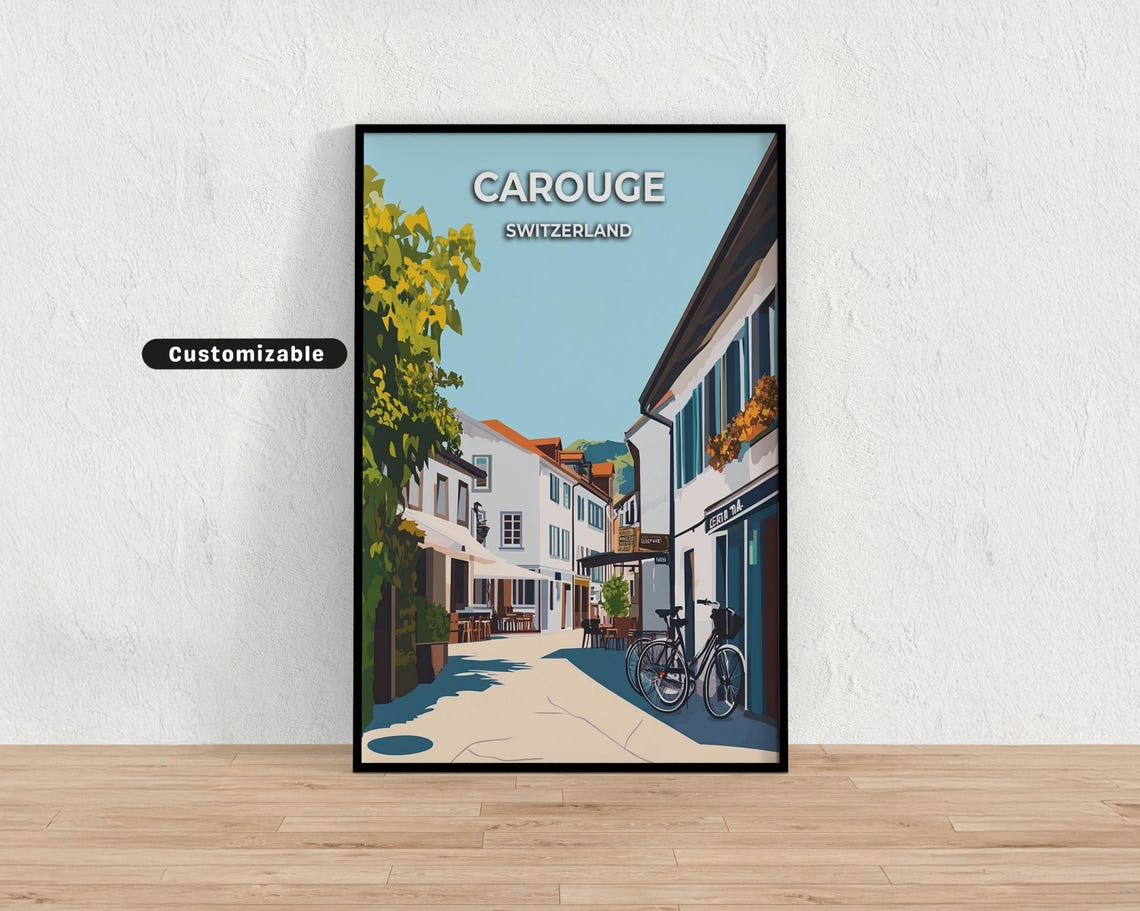 Carouge Switzerland Sunny Cafe Street with Bicycle Travel Poster