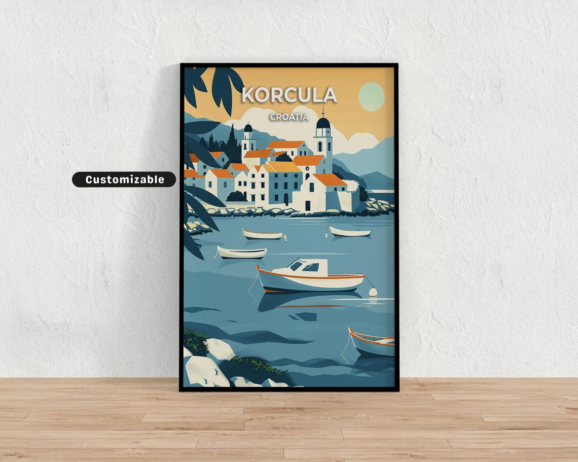 Korcula Croatia Adriatic Harbor Boats Sunset Old Town Travel Poster