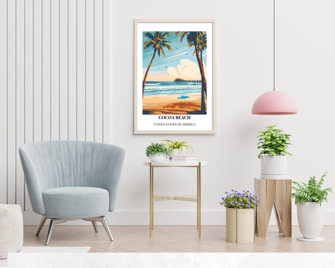 Cocoa Beach Florida Palm Trees Pier Bottom Caption Travel Poster - Image 2